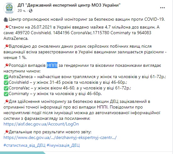 Вакцинация от COVID-19: в Украине зарегистрировано менее 1% серьезных побочных явлений 01