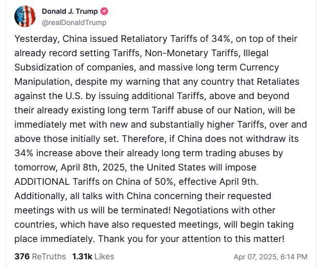 Трамп пригрозил Китаю новыми пошлинами в 50%