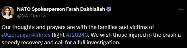У НАТО закликали до повного розслідування трощі літака Azerbaijan Airlines
