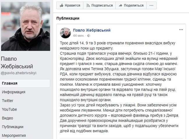 Унаслідок вибуху невідомого предмета в Красногорівці постраждало троє дітей, - Жебрівський 01