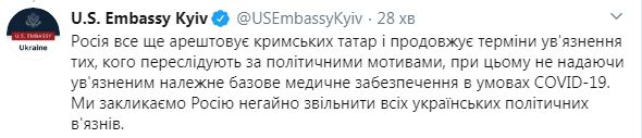Россия не предоставляет украинским политзаключенным медобеспечение в условиях пандемии коронавируса, - посольство США 01