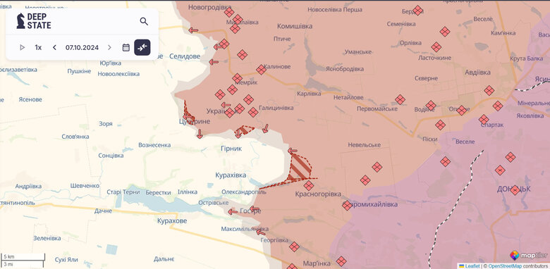 Карта бойових дій поблизу Красногорівки на Донеччині