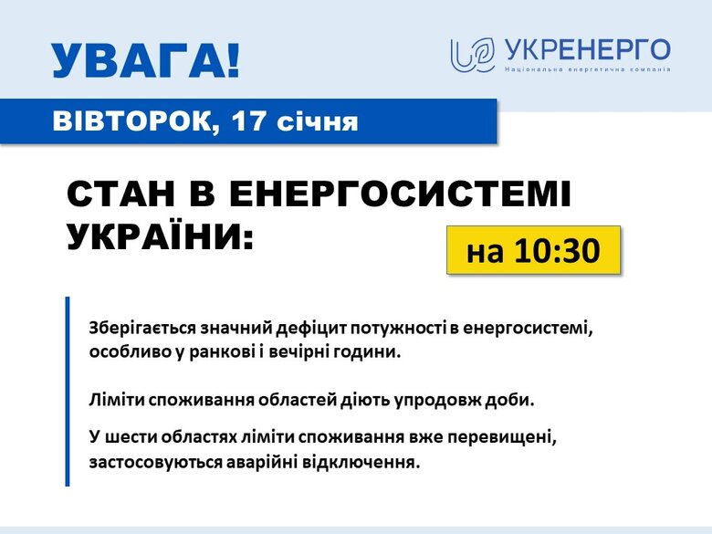 У энергосистемы значительный дефицит мощности, в 6 областях аварийные отключения, - Укрэнерго 01