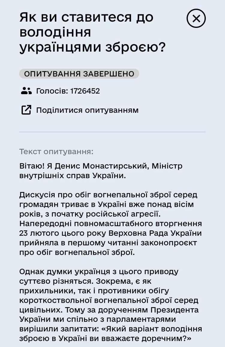 Понад 58% українців висловилися за вільне володіння зброєю, - опитування в Дії 01