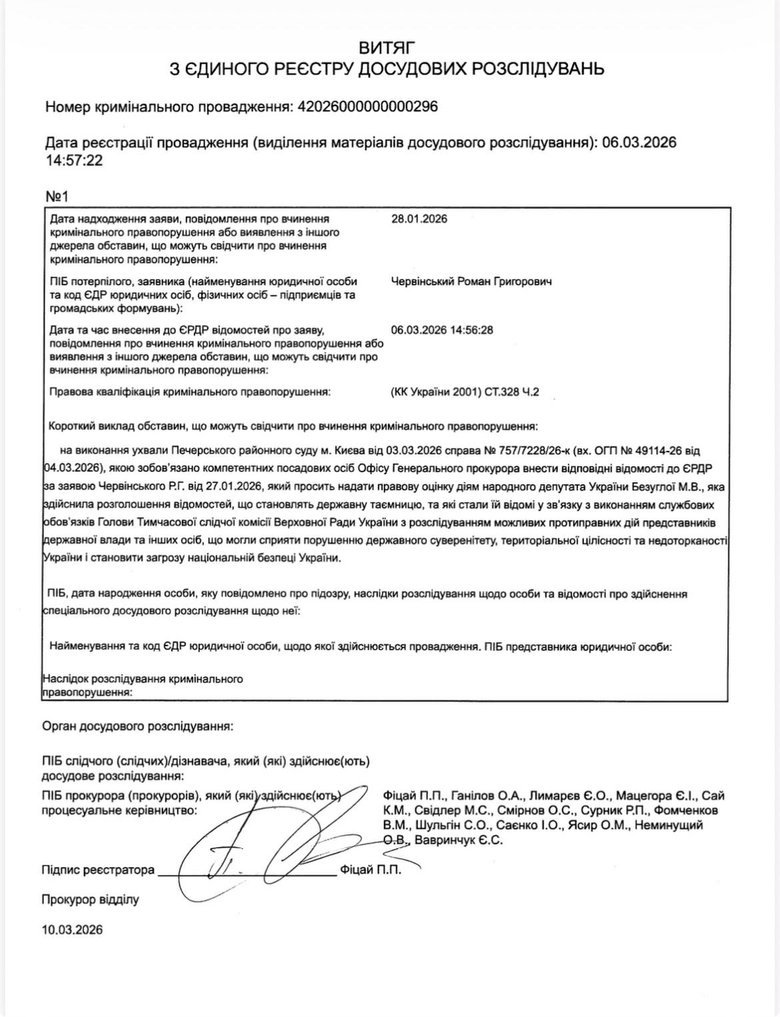 За заявою Червінського відкрито справу проти Безуглої