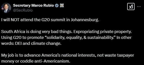 Рубіо не поїде на саміт G20 в ПАР та пояснив, чому