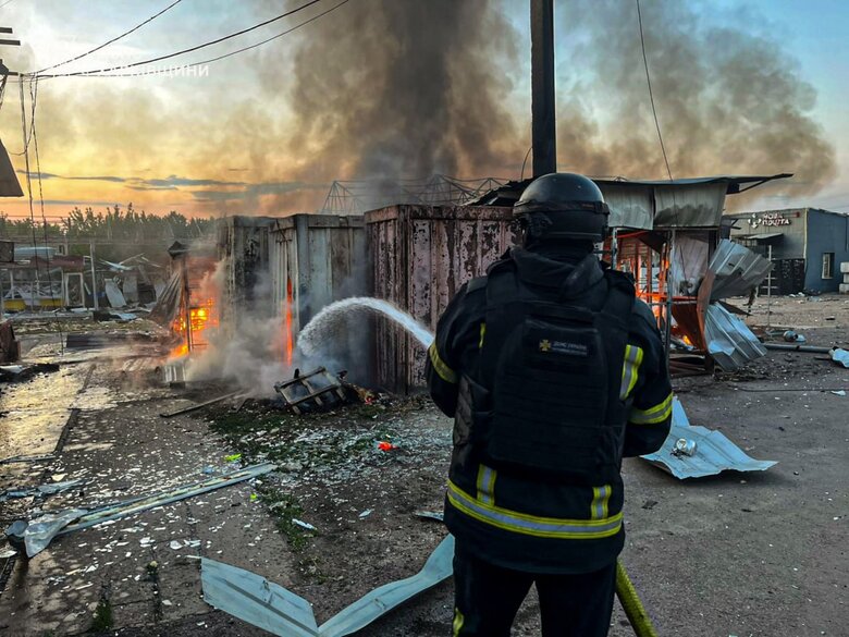 Market in the village of Velykyi Burluk after shelling
