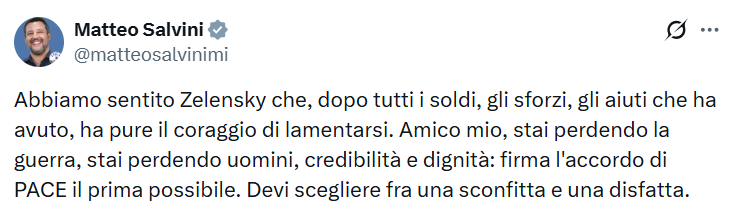 Віцепрем’єр Італії Сальвіні розкритикував Зеленського