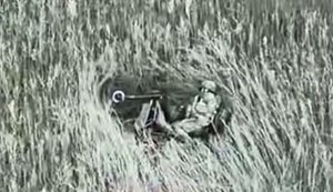 Ruscist fleeing drones of 31st SMB on motorcycle gets tangled in fiber-optic cable in field. VIDEO