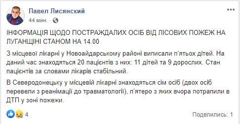 Масштабні пожежі на Луганщині: у лікарнях залишаються 27 осіб, 5 дітей вже виписали 01