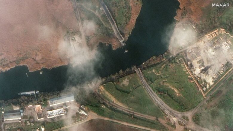 View of bridges blown up by Russians from space 04