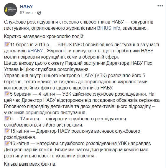 Решение по фигурирующим в расследовании BIHUS.INFO сотрудникам примет дисциплинарная комиссия. Внутреннее расследование завершено, - НАБУ 01