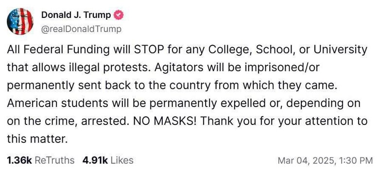 Трамп пригрозил студентам наказанием и депортацией за протесты