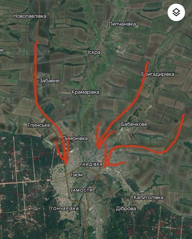 Columns of equipment were coming from these directions to Izium
