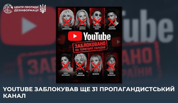 YouTube заблокировал ещё 31 канал российских артистов, пропагандистов и лиц, подпадающих под санкции