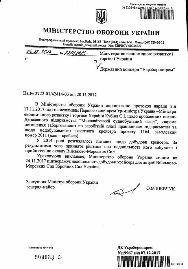 Минобороны отказалось от достройки ракетного крейсера Украина 01