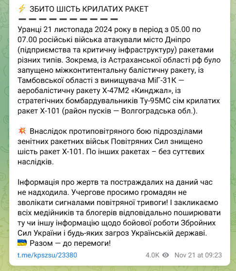 Обстріл 21 грудня: РФ випустила міжконтинентальну балістичну ракету