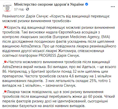 Ризик тромбозів після COVID-щеплення - менше пяти випадків на мільйон, - МОЗ 01
