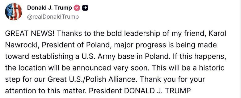 Трамп заявив про прогрес у створенні американської військової бази в Польщі