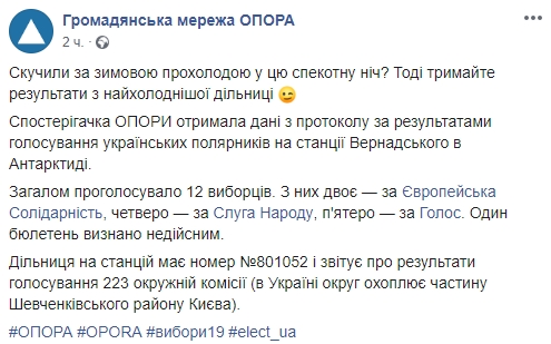 Співробітники полярної станції Академік Вернадський проголосували за Голос, Слугу народу та Європейську Солідарність, - ОПОРА 01
