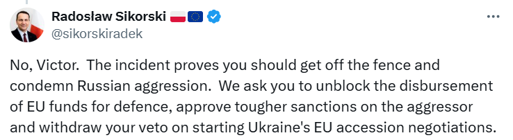 Сікорський відповів Орбану щодо атаки дронів РФ на Польщу