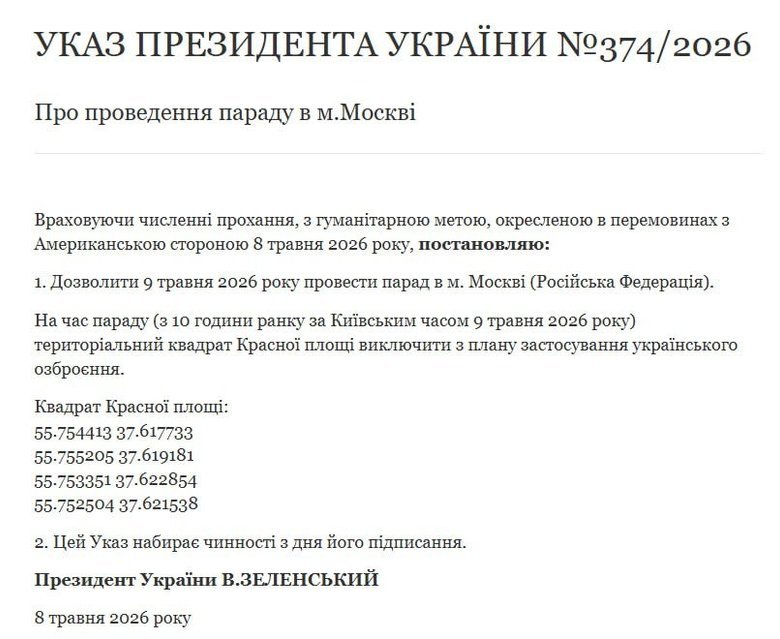 Україна дозволяє Росії провести парад 9 травня - указ Зеленського
