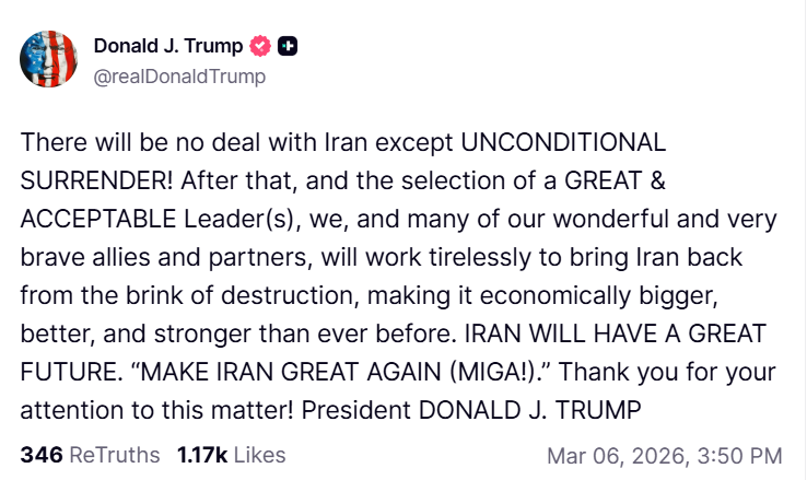 Трамп заявив, що угоди з Іраном не буде: лише капітуляція