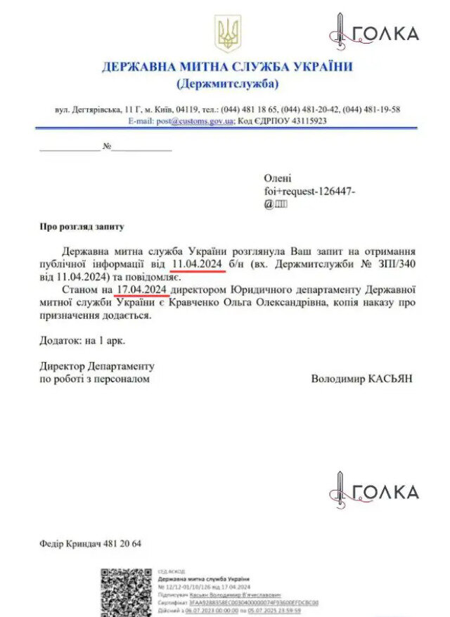 Призначення Кравченко