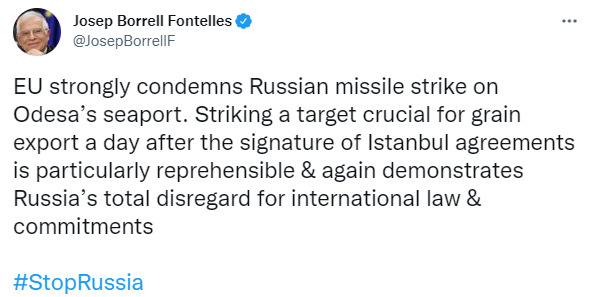 Attack on port of Odesa once again demonstrates complete disregard of Russian Federation for international rights and obligations, - Borrell 01