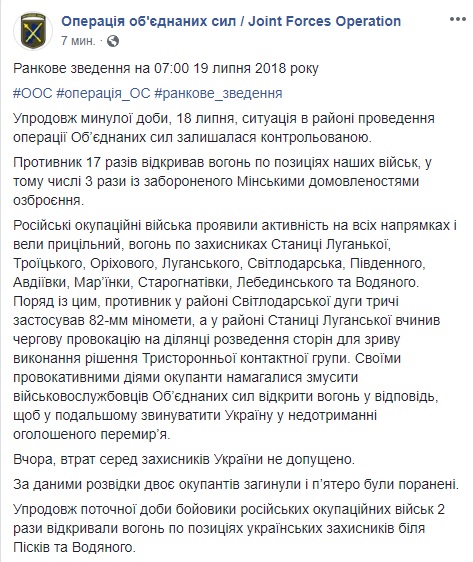 Враг за сутки 17 раз открывал огонь по позициям ВСУ, потерь среди украинских воинов нет. У противника - 2 убитых и 5 раненых, - ООС 01