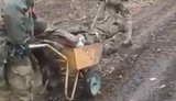 A dead Russian soldier is being carried on a construction wheelbarrow near Volchansk