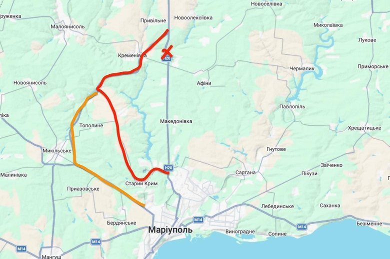 In occupied Donetsk Oblast, a bridge on the Mariupol–Donetsk road, which was used by Russian troops, has been destroyed.