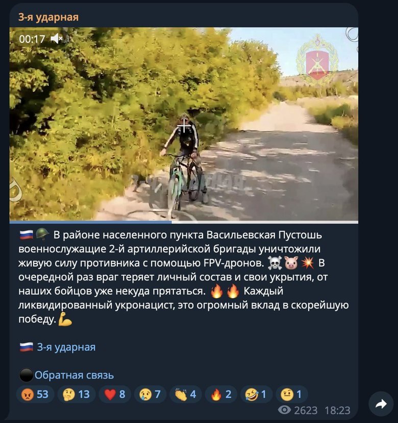 Росіяни показали удар дроном по велосипедисту на Донеччині