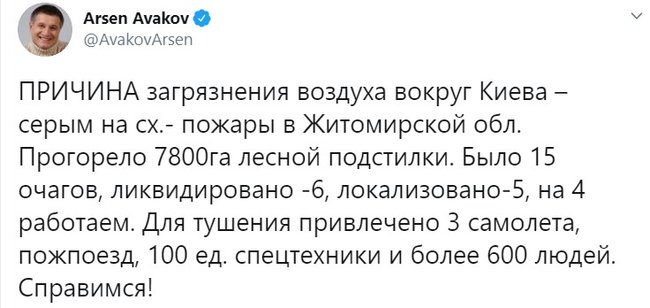 Причина загрязнения воздуха в Киеве - пожары на Житомирщине. Из 15 очагов 6 ликвидировали, 5 - локализовали, - Аваков 01