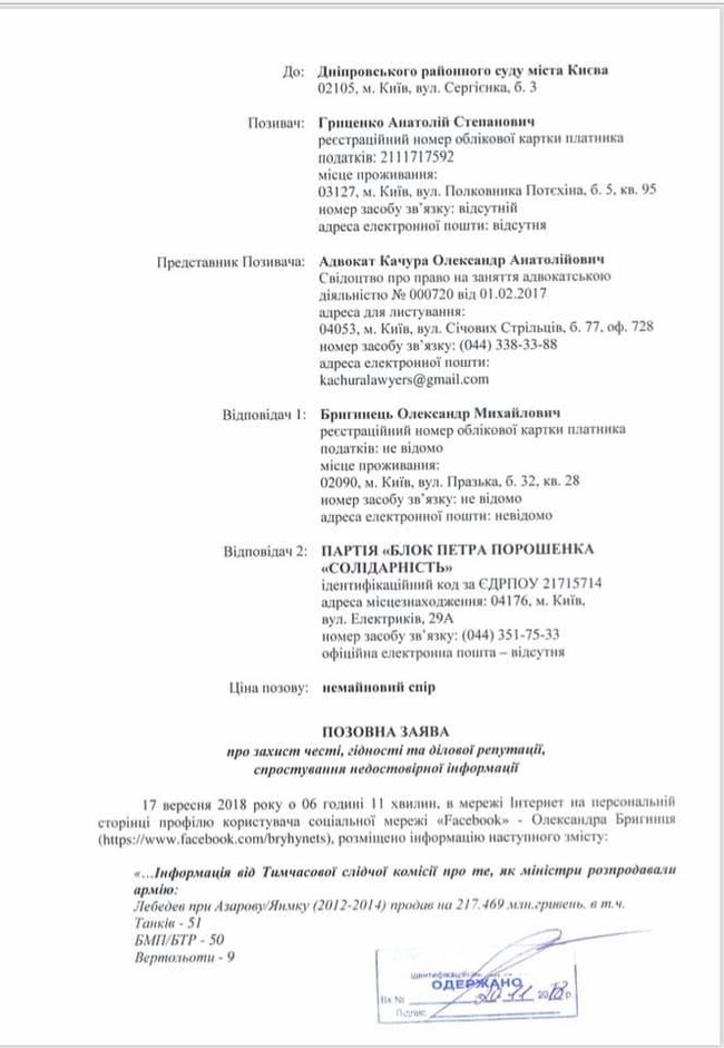 Гриценко подав до суду на БПП і нардепа Бригинця 01