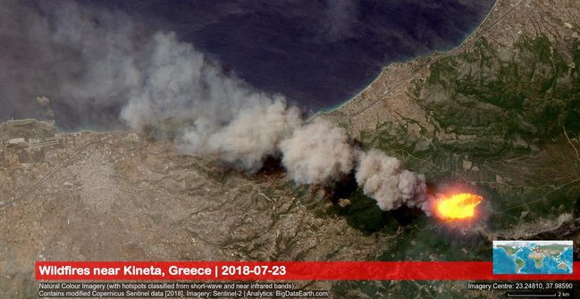 Масштабні пожежі поблизу Афін: оприлюднено супутникові знімки з космосу 02