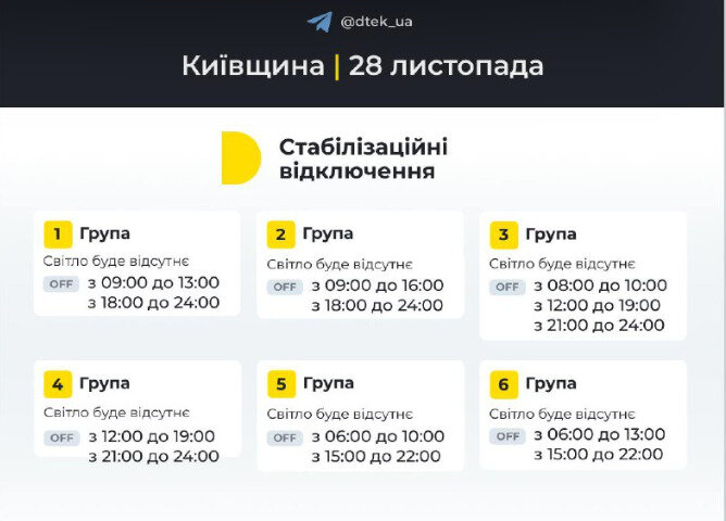 Графіки відключень світла на 28 листопада