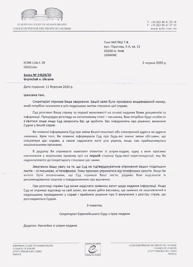 Гримчак подав позов проти України в ЄСПЛ 01