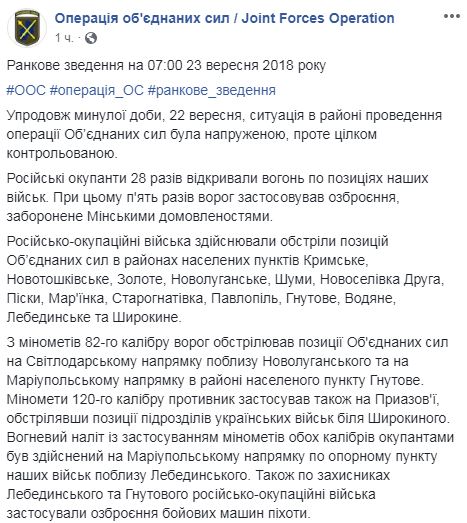 Окупанти за минулу добу 28 разів обстріляли позиції ОС: втрат немає 01