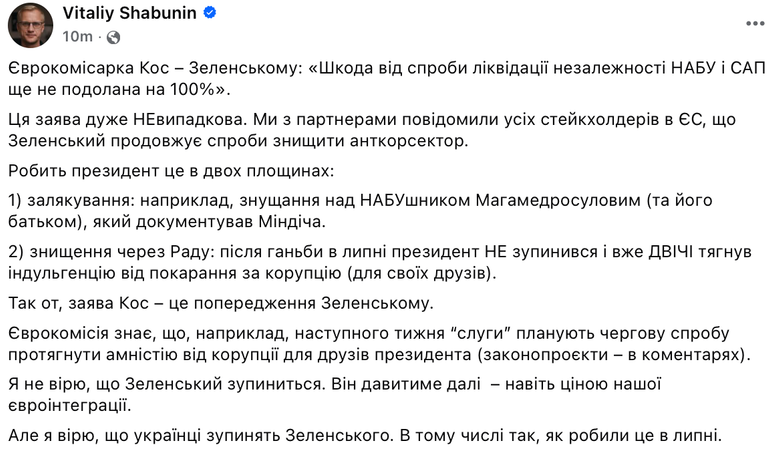 Амнистия за коррупционные преступления: Шабунин рассказал о планах Слуг народа