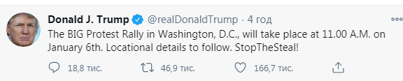 Трамп объявил об акции протеста своих сторонников в Вашингтоне в день утверждения выборов Конгрессом США 01