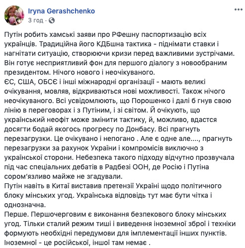 Для виконання мінських угод Путін мусить скасувати свої укази, - Ірина Геращенко 01