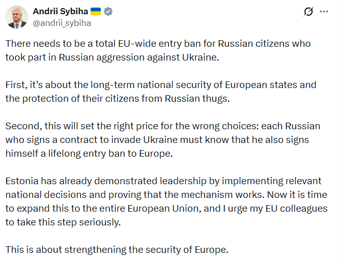 Сибіга закликав заборонити в’їзд росіян до ЄС: що відомо?