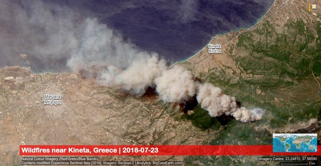 Масштабні пожежі поблизу Афін: оприлюднено супутникові знімки з космосу 03