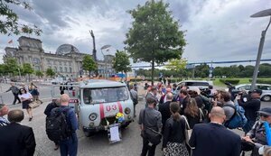 Ambulance from Kharkiv region shot by occupiers was put on display in front of Reichstag. PHOTO