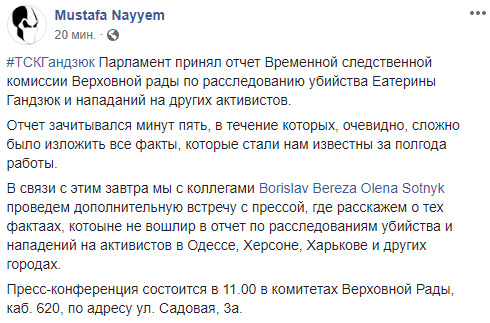 Рада затвердила звіт ТСК щодо вбивства Гандзюк і нападів на активістів 01