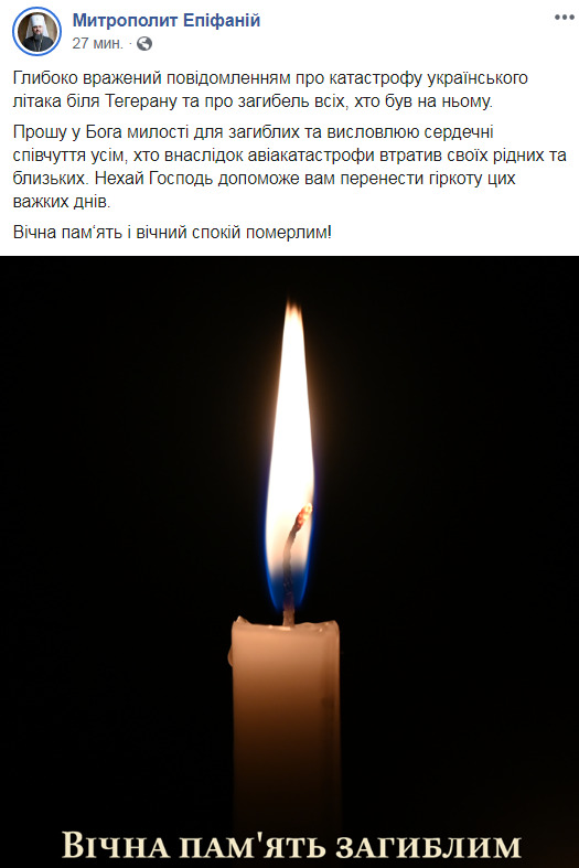 Епифаний выразил соболезнования родным погибших в катастрофе самолета МАУ в Тегеране 01