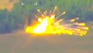 Detonation of Russian "Buk-M3" air defence missile system after being hit by American "Switchblade 600" kamikaze drone. VIDEO